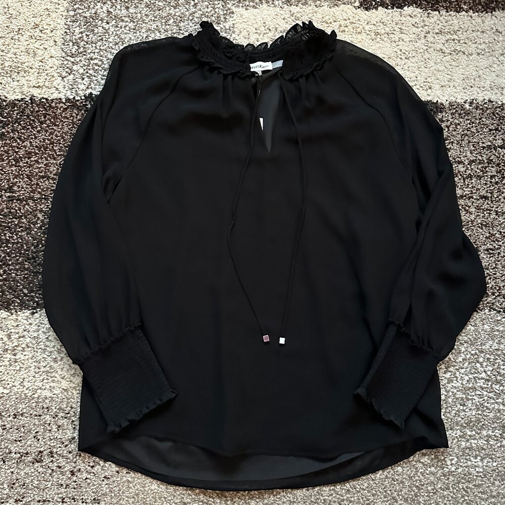 CALVIN KLEIN (L) Solid Black Tie-Front Chiffon Peasant Blouse Top Sheer Ruffle